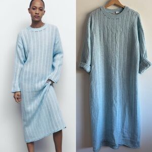 Zara light blue knit midi long sleeve sweater dress size M/L